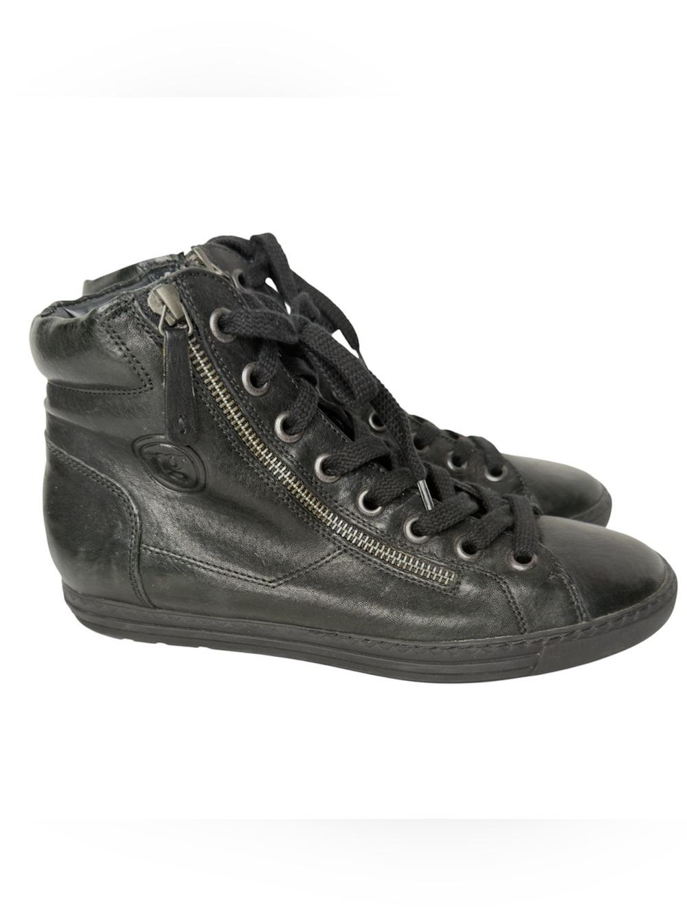Paul Green Women's Black Leather High-Top Sneakers with Side Zip Size 6 NEW